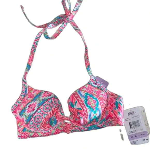 NWT Coco Rave 32 B/C halter push-up bikini top bright ruched - Picture 1 of 12